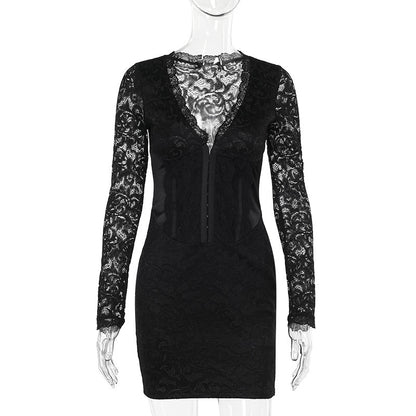 Elegant Sexy Long Sleeve Narrow Lace Mini Dress Women