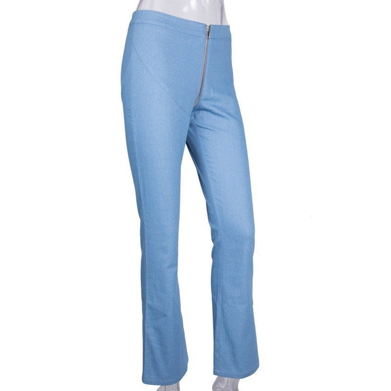 Zipper skinny jeans woman sexy light blue stretch denim pants club vintage bell bottom flare pants