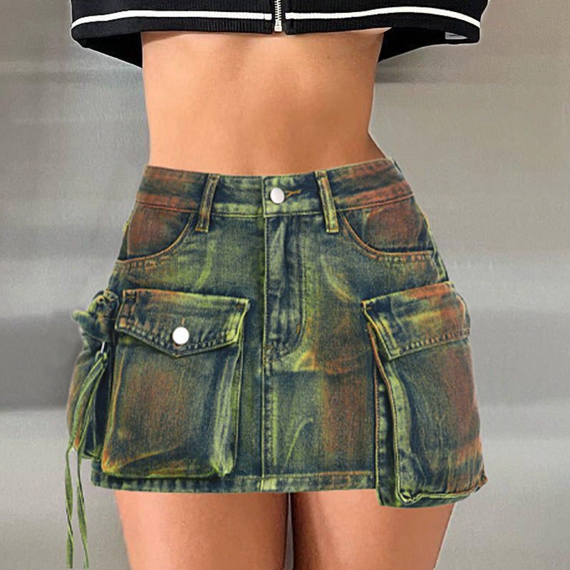 Contrast Washing Tooling Denim Skirt