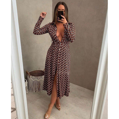 Printed Sexy Lapel Cardigan Dress Containing Belt