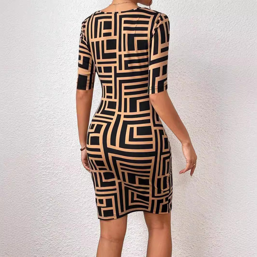 Printed Square Collar Waist-tight Mid-sleeve Dress