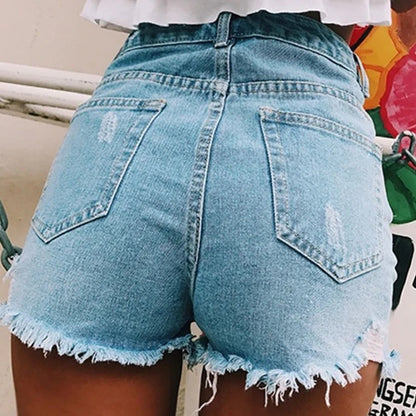 Hole stretch denim shorts