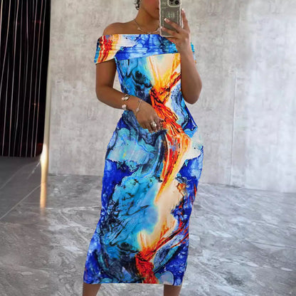 Off-shoulder Printed Sleeveless Elastic Hip Dress