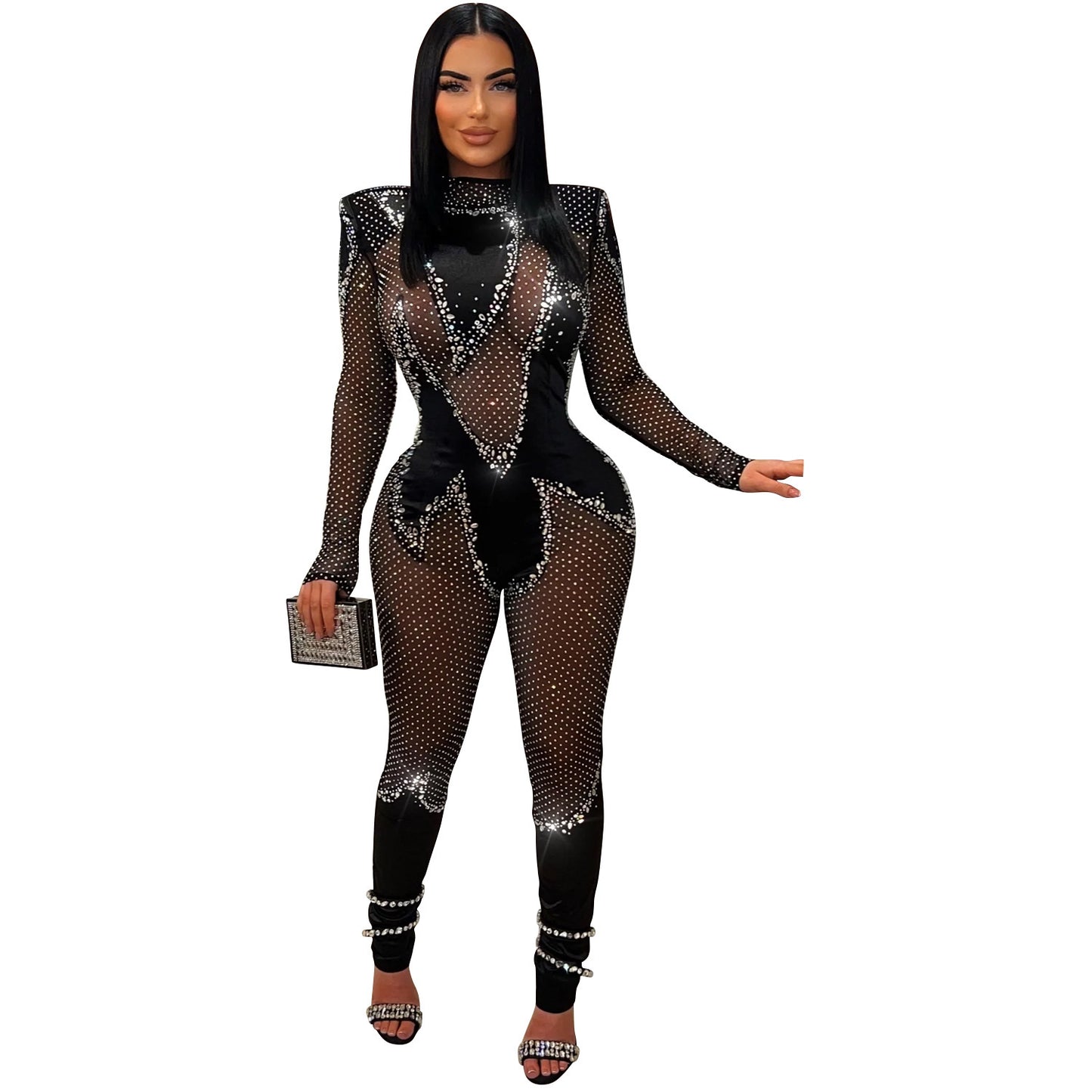 Wear Pure Color Mesh Rhinestone Long-sleeved Trousers Jumpsuit