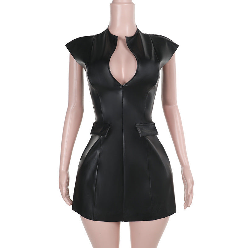 Hot Girls Slim Deep V Waist Leather Dress