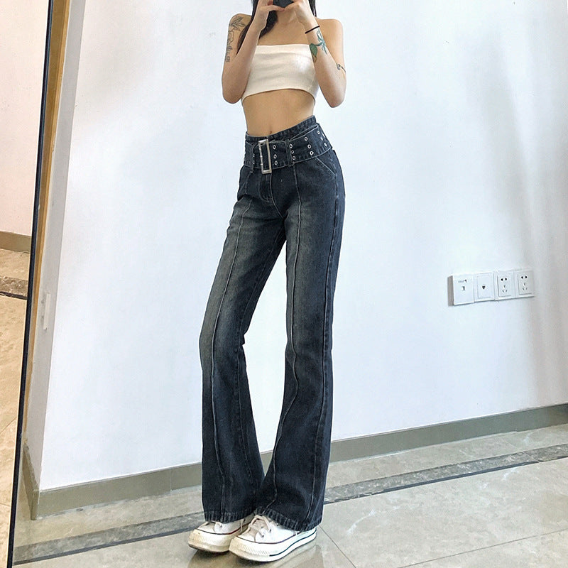 Retro Distressed Hot Girl Washed Belt Slimming Jeans