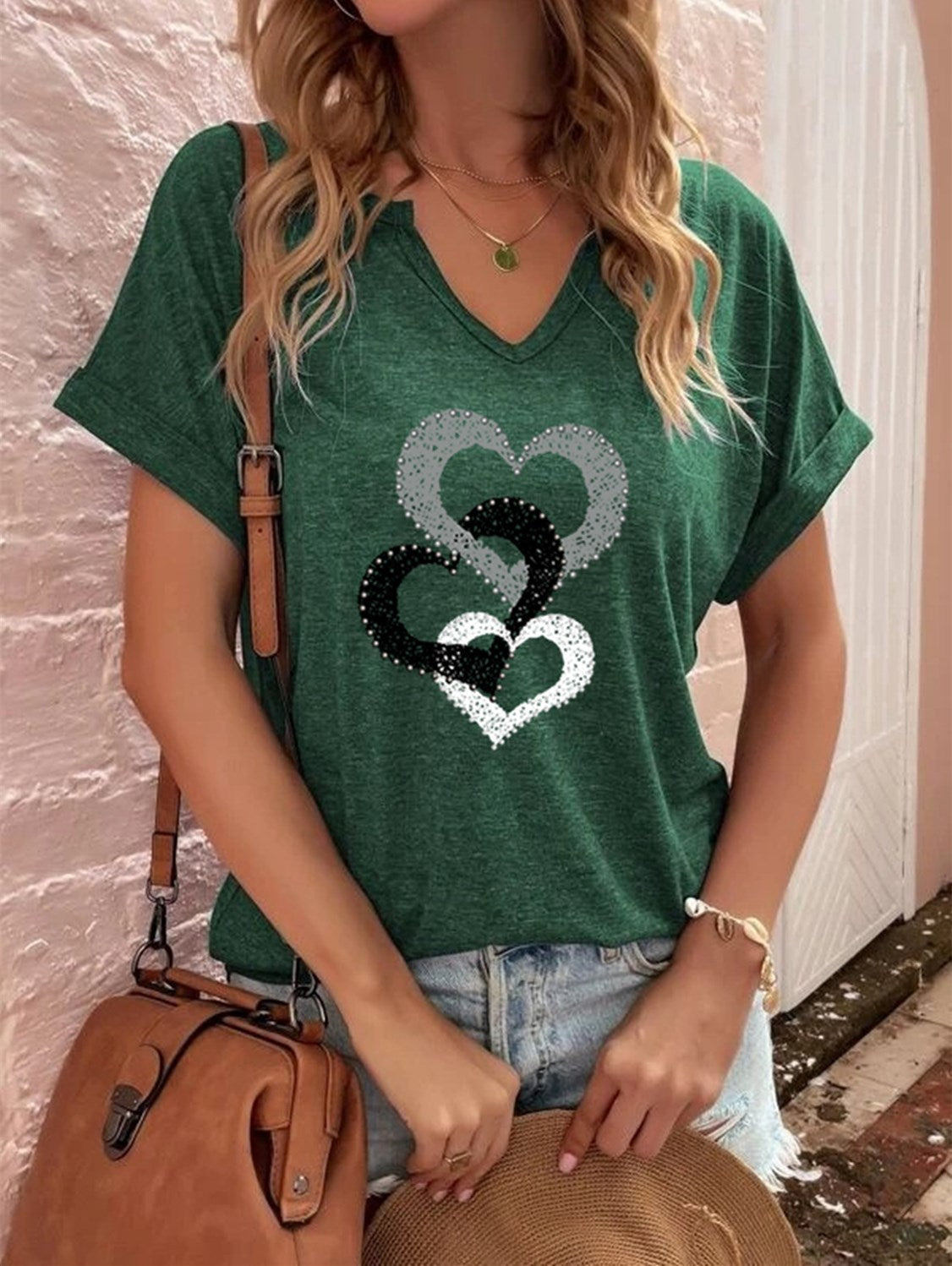 Women's Loose Short-sleeved T-shirt With Heart Printing Missing Neckline