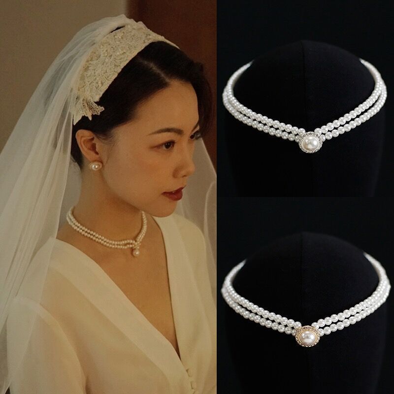 Retro Court Rhinestone Pearl Necklace Ear Stud Women's Simple