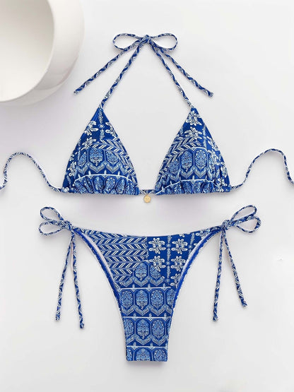 Women Printed Lace-up Bikini Split Swimsuit Swimwear