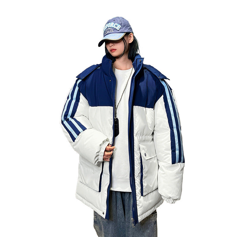 Cotton-padded Coat Large Striped Style With Pockets Color Matching