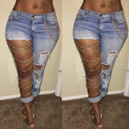 Fashionable and exaggerated casual chain jeans with holes