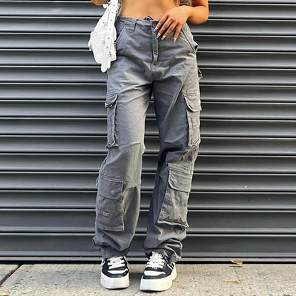 Multi-pocket Gray Straight Loose Jeans Look Slim