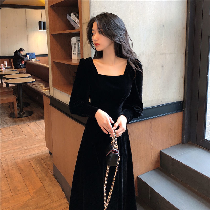 Gold Velvet Women's Slim Square Neck Hepburn Style Autumn And Winter Long Dress