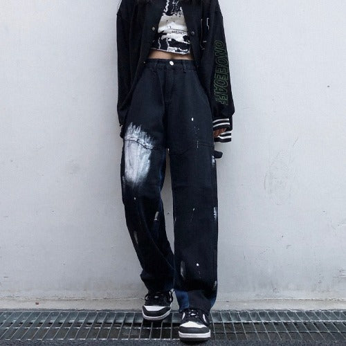 Harajuku-Style Tie-Dye Gradient Splattered Straight High-Rise Jeans