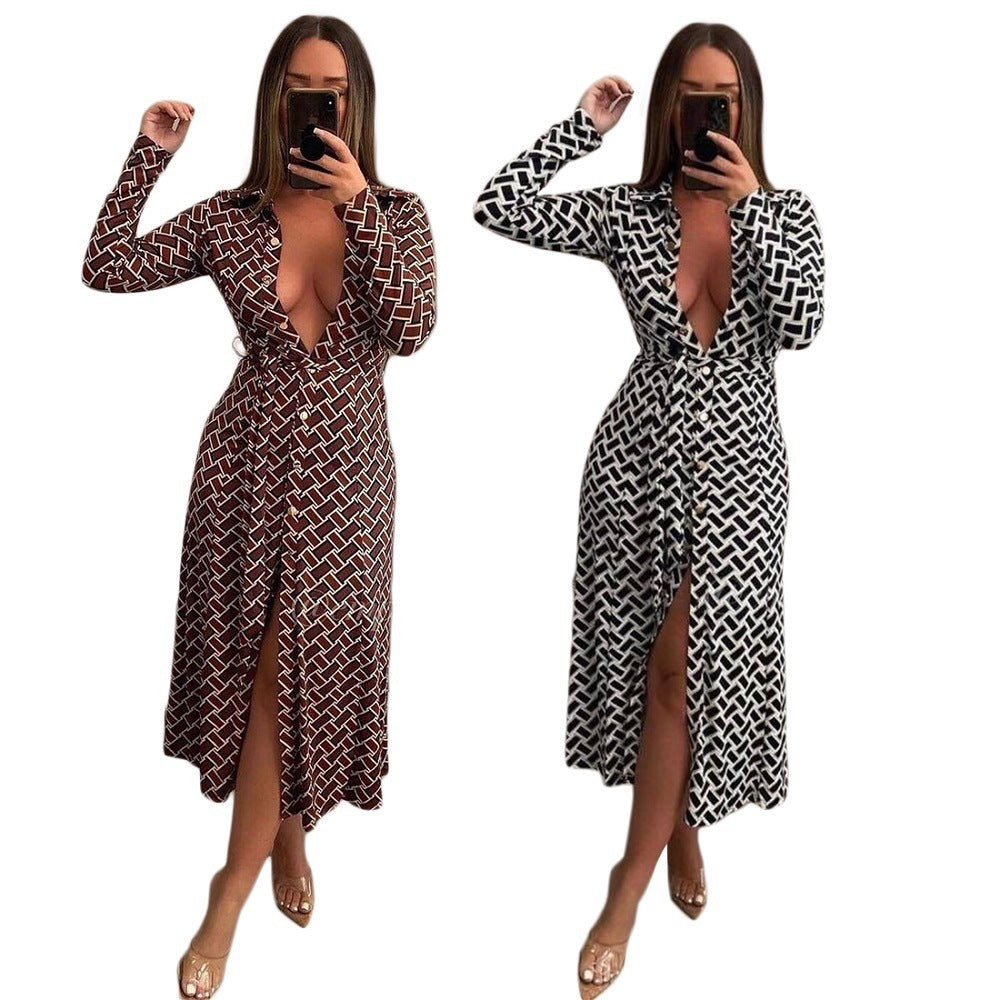 Printed Sexy Lapel Cardigan Dress Containing Belt