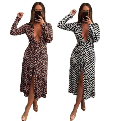 Printed Sexy Lapel Cardigan Dress Containing Belt