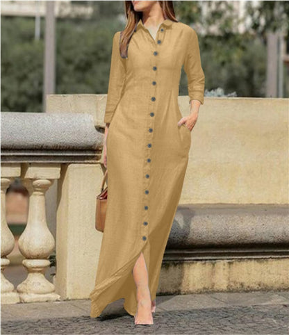 Women's Elegant Fashion Unisex Style Long Sleeve Lapel Cardigan Solid Color Long Cotton Linen Dress