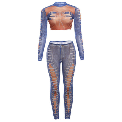 Digital Printed Mesh See-through Trousers Suit Women