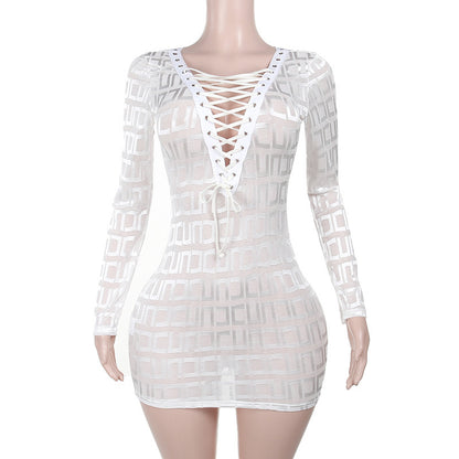 Sexy Hot Girl Long Sleeve Deep V Sexy Mesh Tied Dress