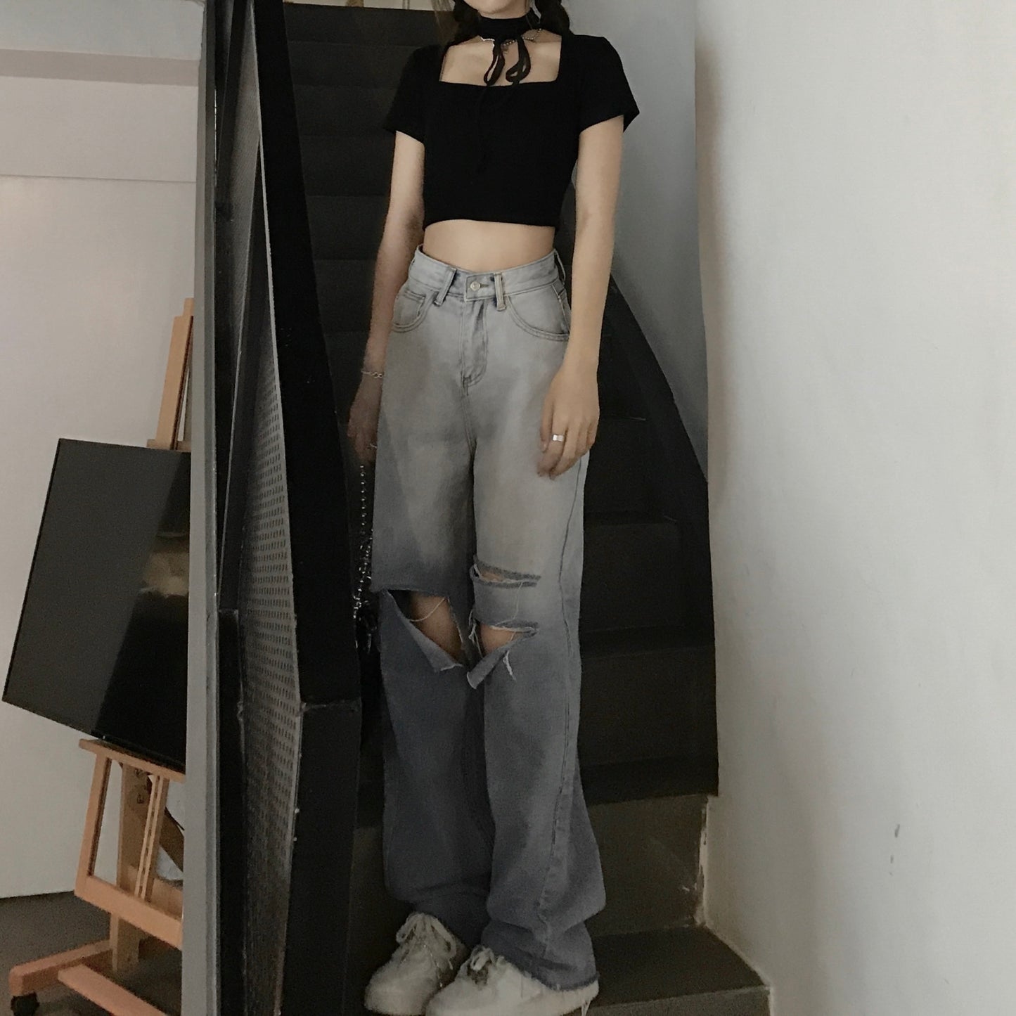 Ripped Jeans Female High-waist Straight-leg Pants Small Wide-leg