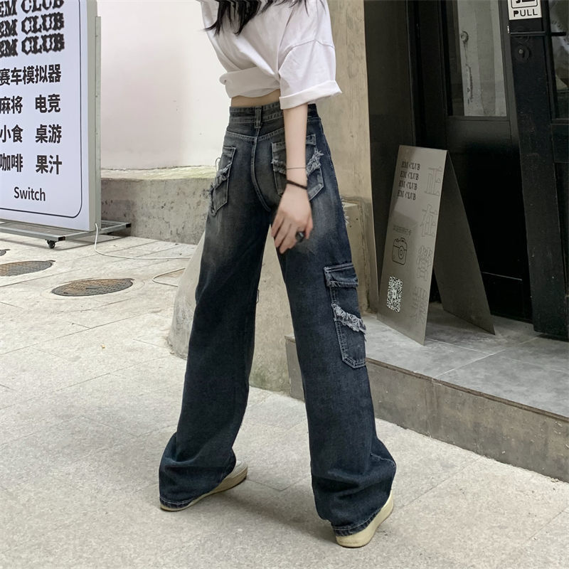 High Street Vintage Jeans Women's Summer Washed Worn Harajuku Straight Drooping Wide Leg Pants