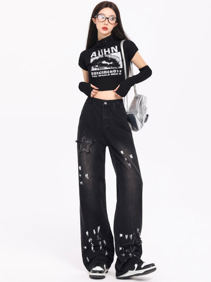 Embroidered Jeans Autumn And Winter New High Waist Splash-ink Wide Leg Straight Mop Pants