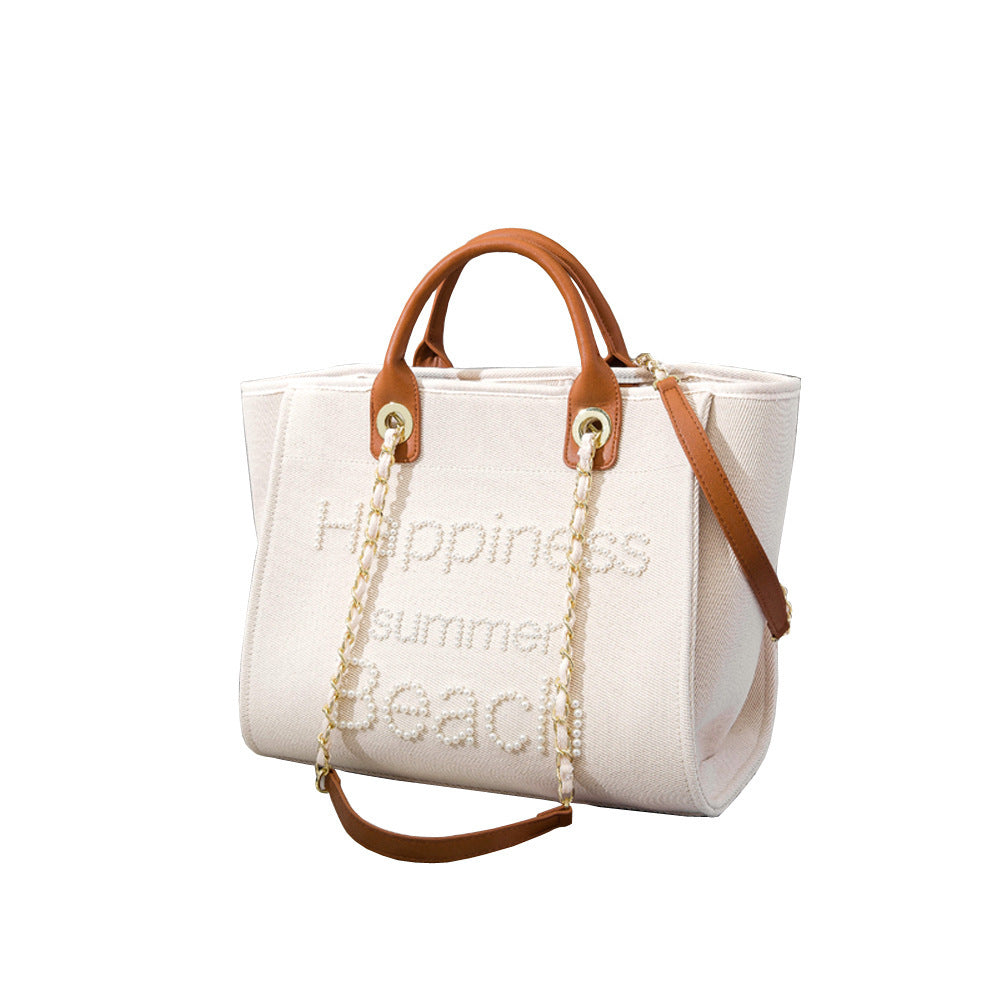 Women's Fashion Large Capacity Pearl Embroidery Canvas Bag