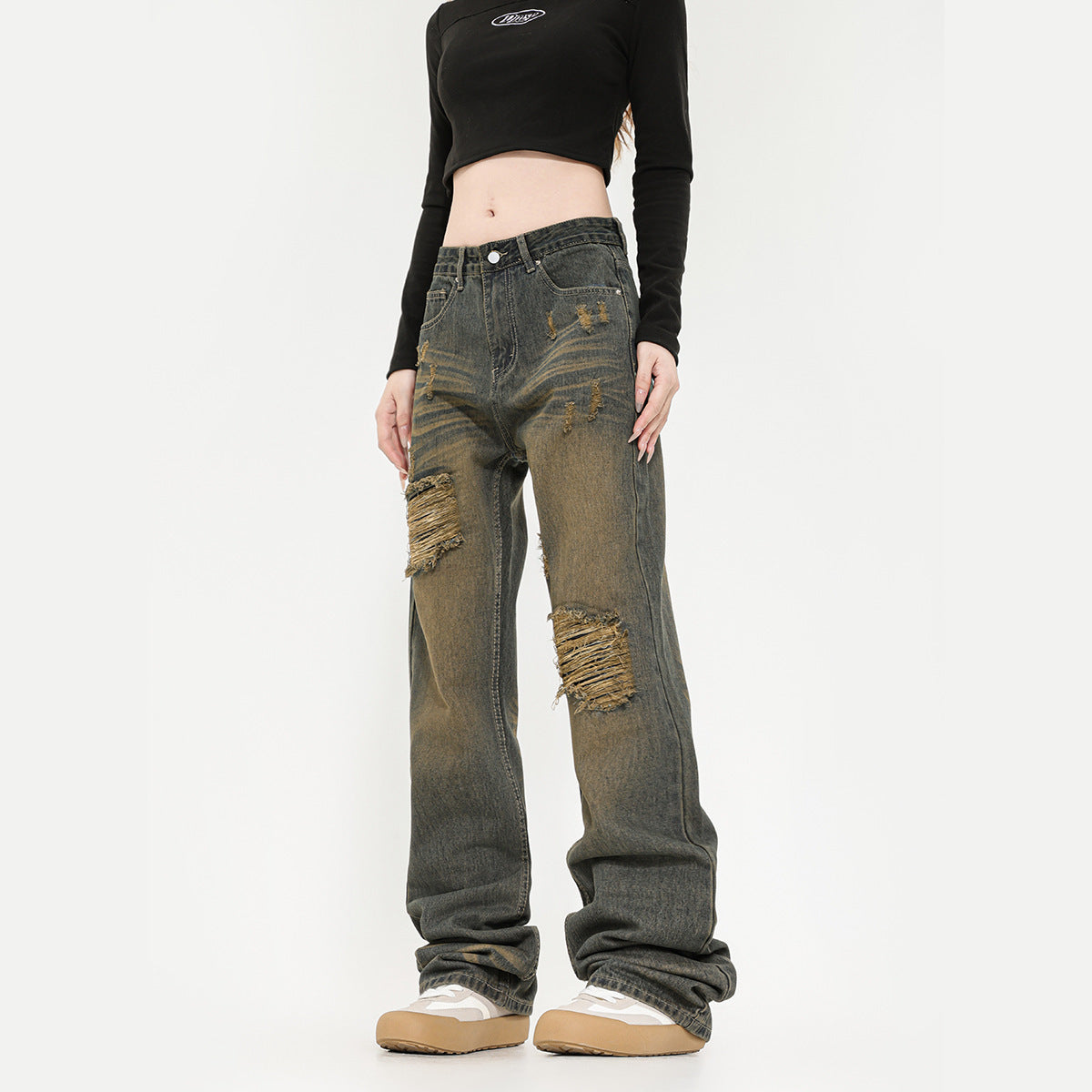 Retro Washed Ripped Jeans Straight American High Street Jeans