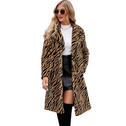 Fashion Leisure Suit Collar Artificial Leather Fur Coat Zebra Pattern Plush Long Coat Autumn And Winter