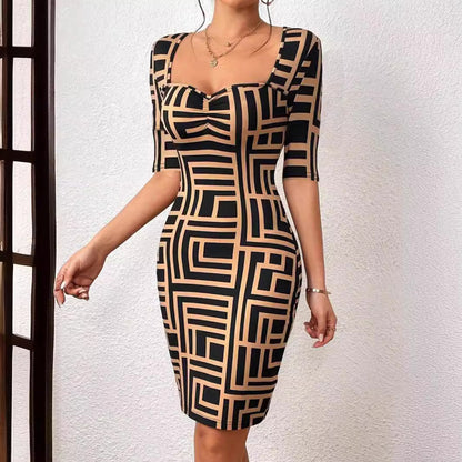 Printed Square Collar Waist-tight Mid-sleeve Dress