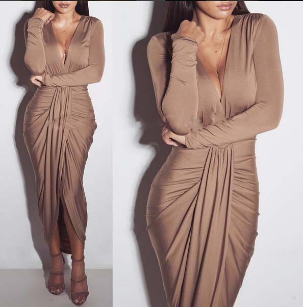 V-neck Long Sleeve Cotton Pleated Dress