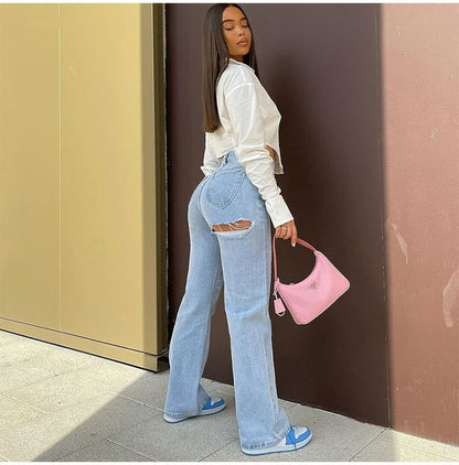 High Waist Stretch Ripped Hem Slit Denim Trousers