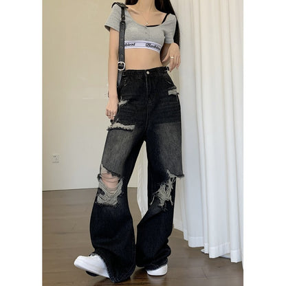 American-style High Street Black Ripped Jeans