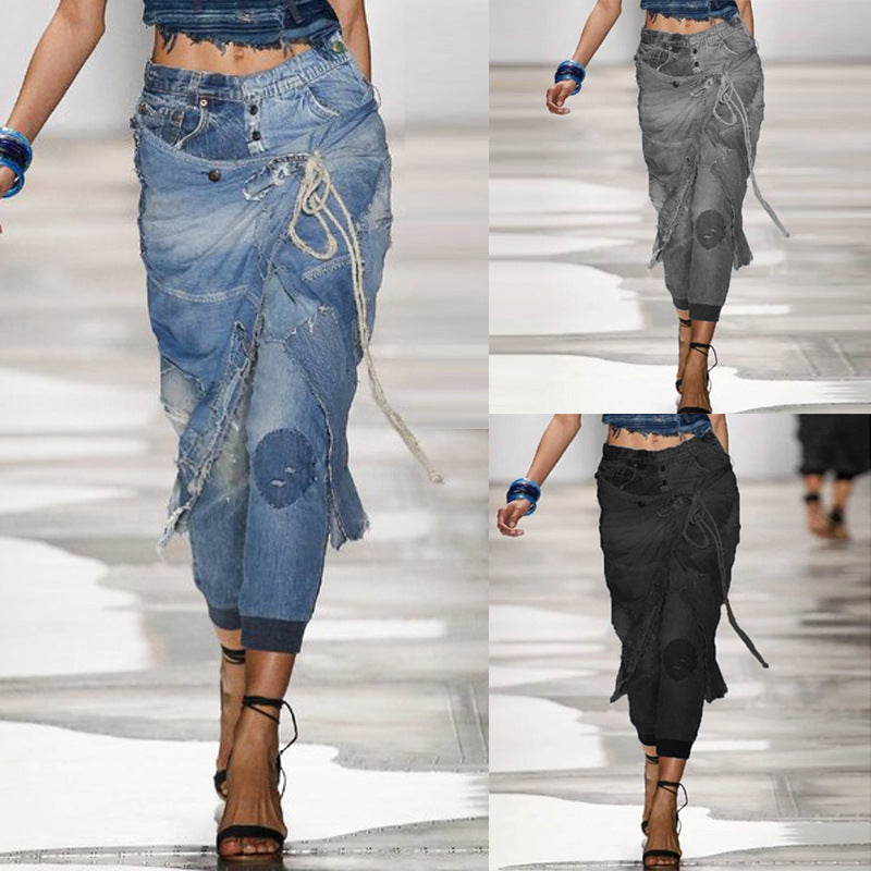 Large Size Ripped Lace-Up Trendy Hot-Selling Ribbed Trousers Jeans