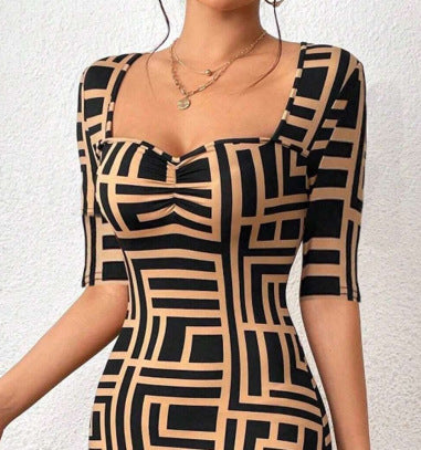 Printed Square Collar Waist-tight Mid-sleeve Dress