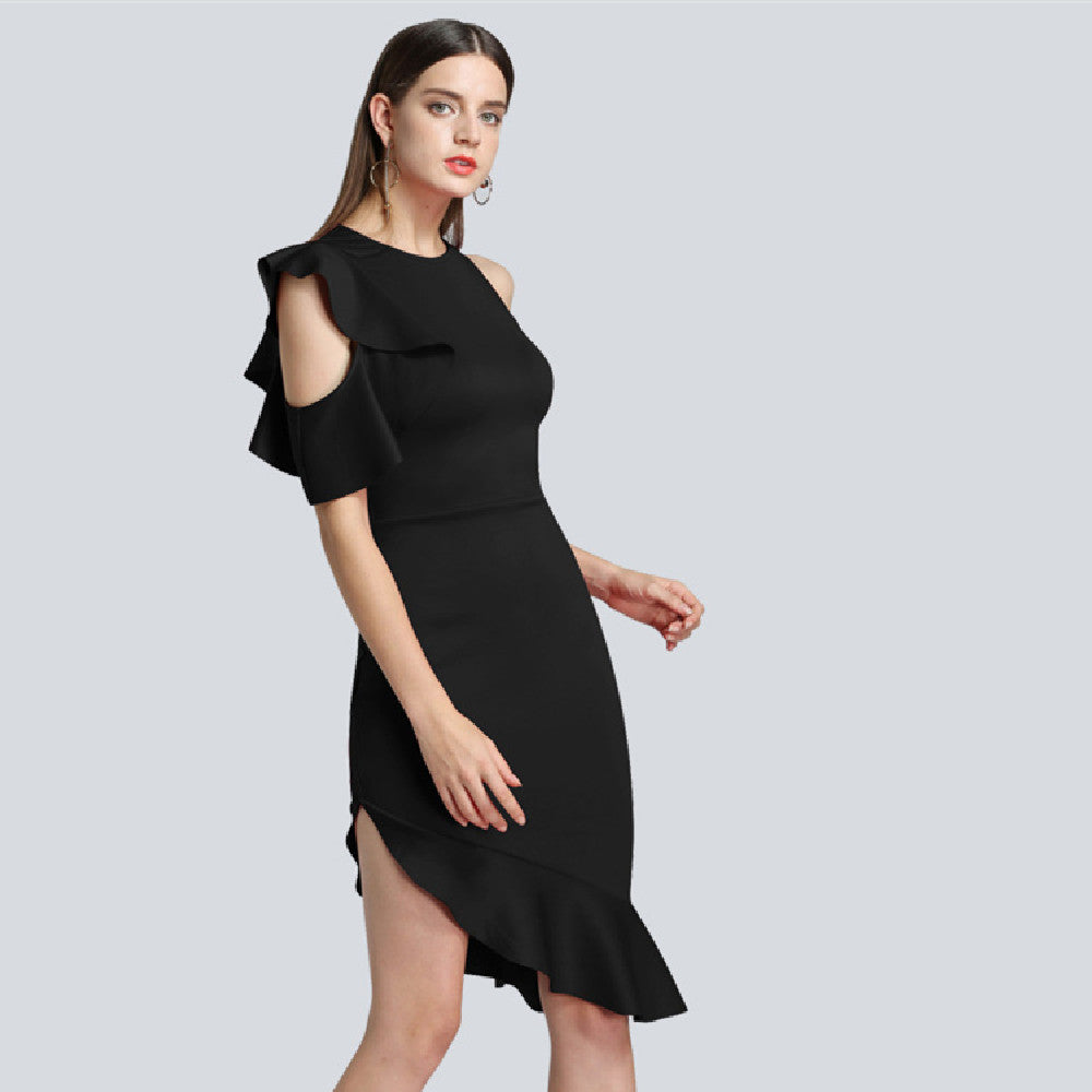 Women's Clothing Autumn And Winter New Evening Dress Off-the-shoulder Ruffled Dress