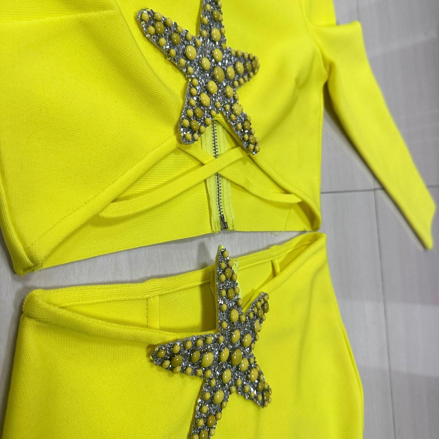 Long Sleeve Hollow Starfish Short Top Split Dress Suit