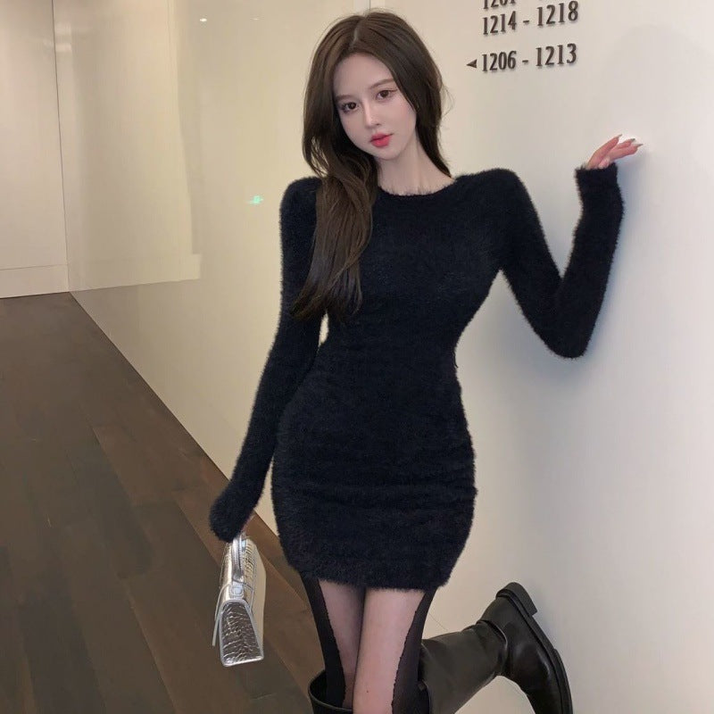 Tight-fitting Cinched Long Sleeve Mink Fur Dress