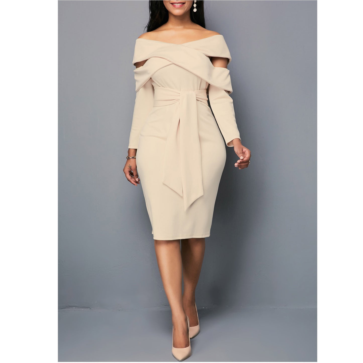 Slim Fit One-Line Neck Long Sleeve Dress