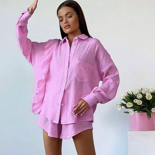 Solid Color Pure Cotton Ruffles Long Sleeve Shorts Suit