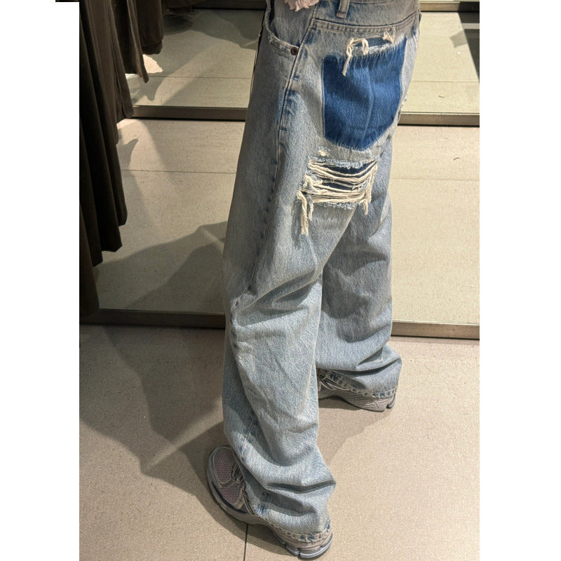 Light Blue Low Waist American Straight Ripped Pants