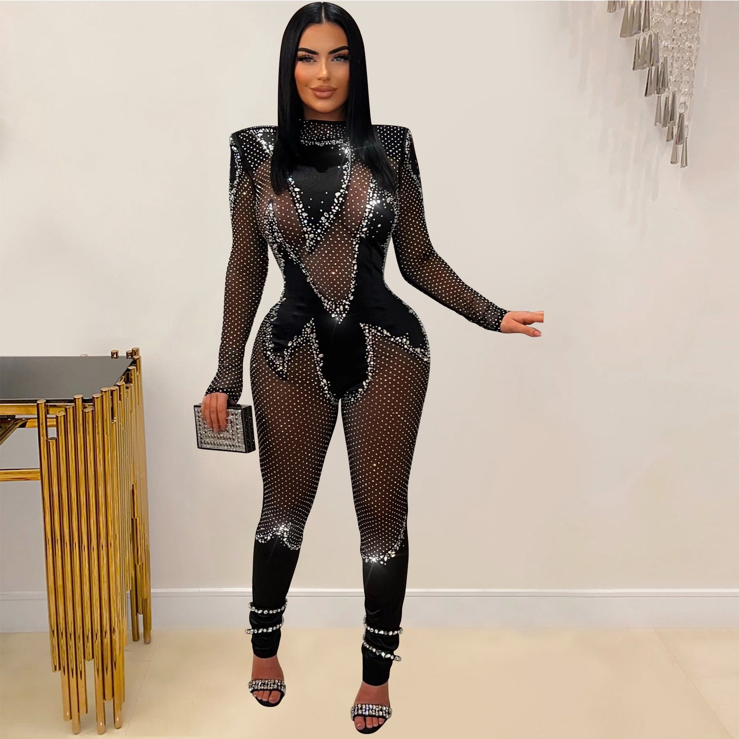 Wear Pure Color Mesh Rhinestone Long-sleeved Trousers Jumpsuit