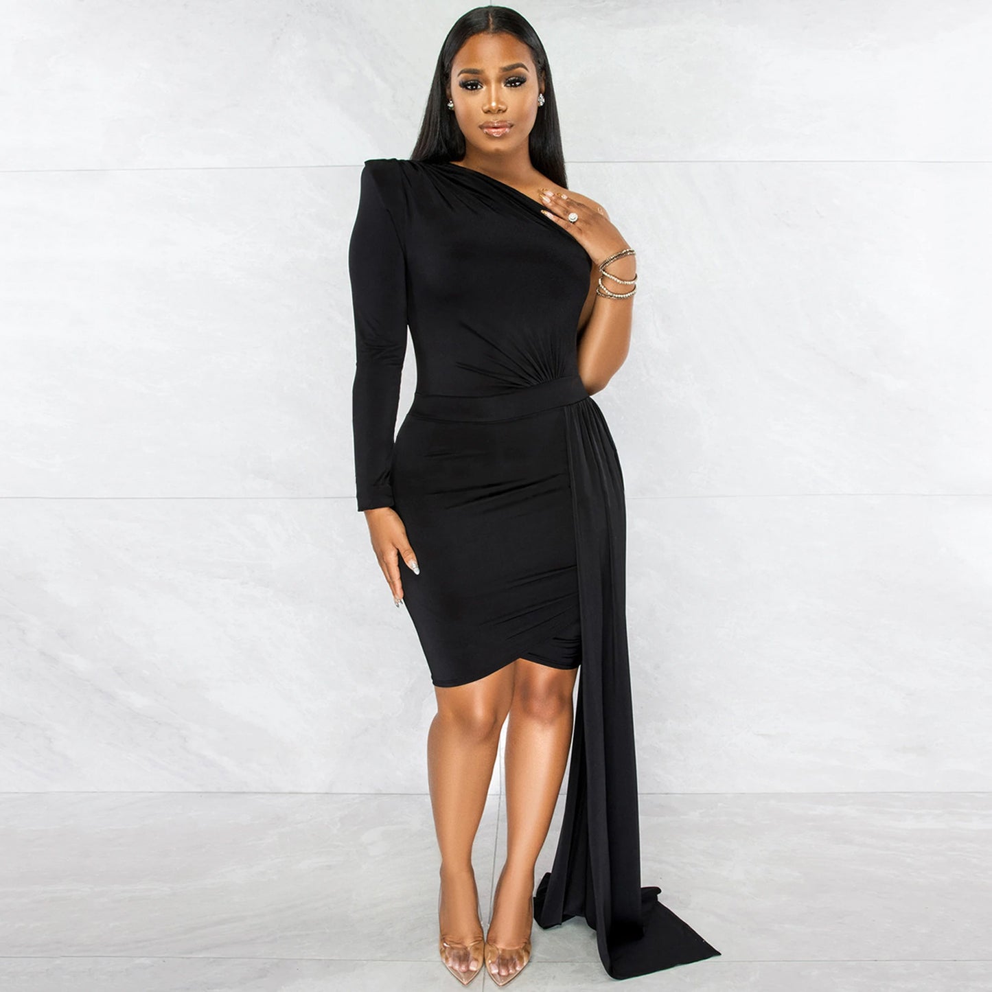 Pleated Slanted Shoulder Long Sleeve Dress