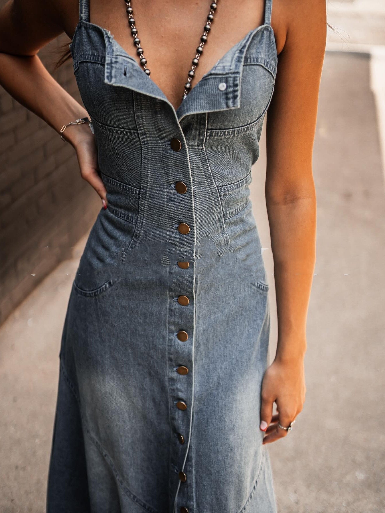 Summer Vintage Denim Washed Distressed Large Swing Dress