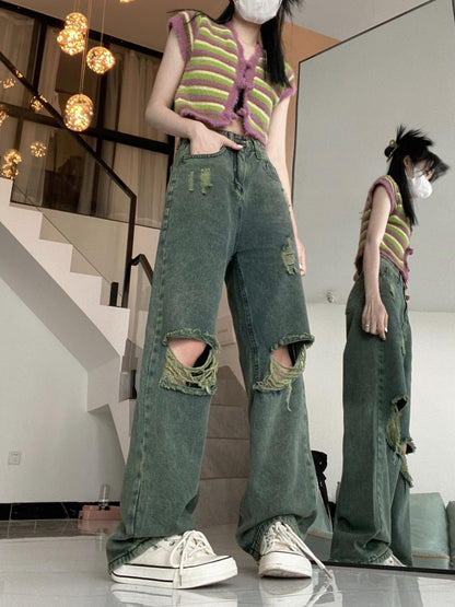 American Dark Green Torn Jeans With Wide Leg Pants For Women