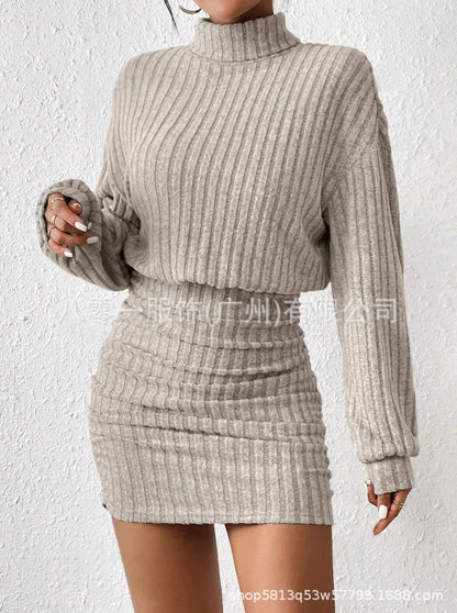 Long Sleeve High Neck Ribbing Woolen Knit Suit