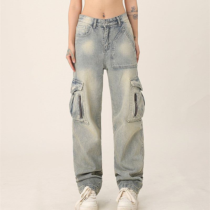 Retro Multi-pocket Workwear Jeans Loose Straight