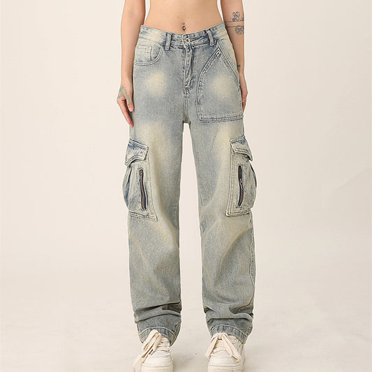 Retro Multi-pocket Workwear Jeans Loose Straight