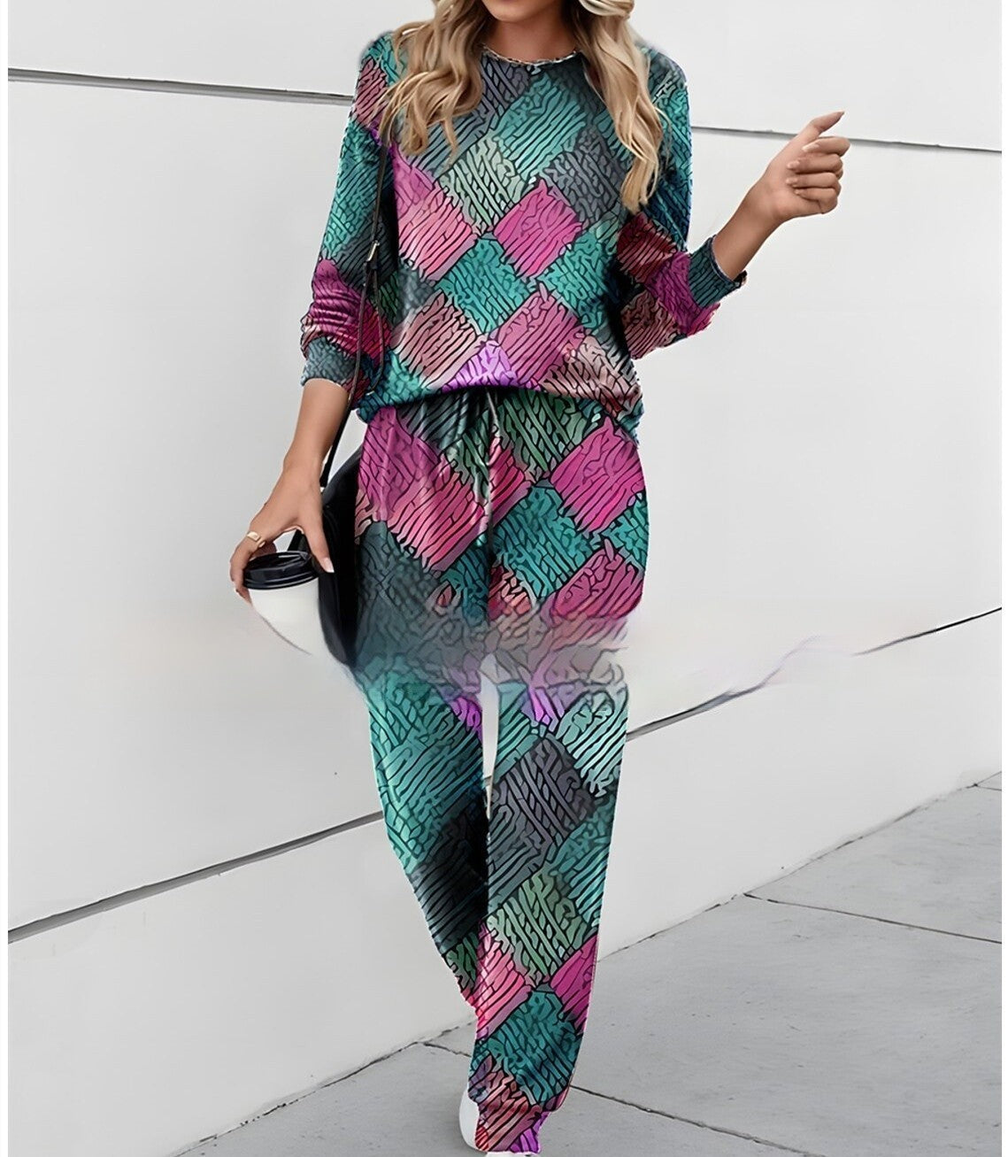 Round Neck Printed Top And Trousers Casual Suit