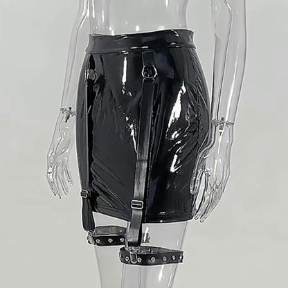 PVC Lacquered Belt Buckle Leggings Mini Skirt